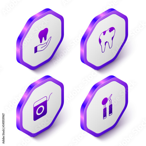 Set Isometric Tooth, Broken tooth, Dental floss and mirror and probe icon. Purple hexagon button. Vector