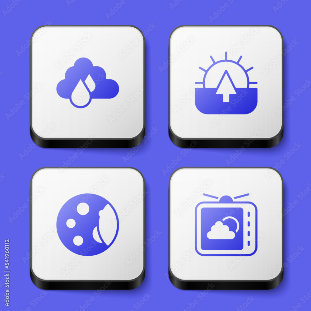 Set Cloud with rain, Sunrise, Moon phases and Weather forecast icon. White square button. Vector