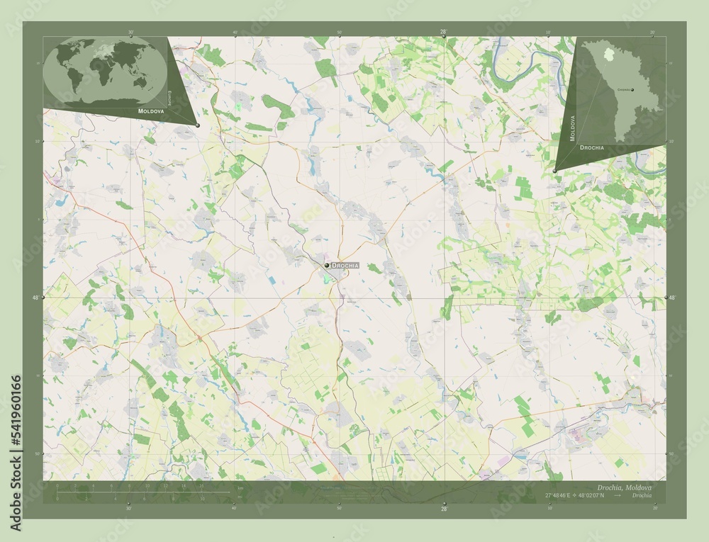 Fototapeta premium Drochia, Moldova. OSM. Labelled points of cities
