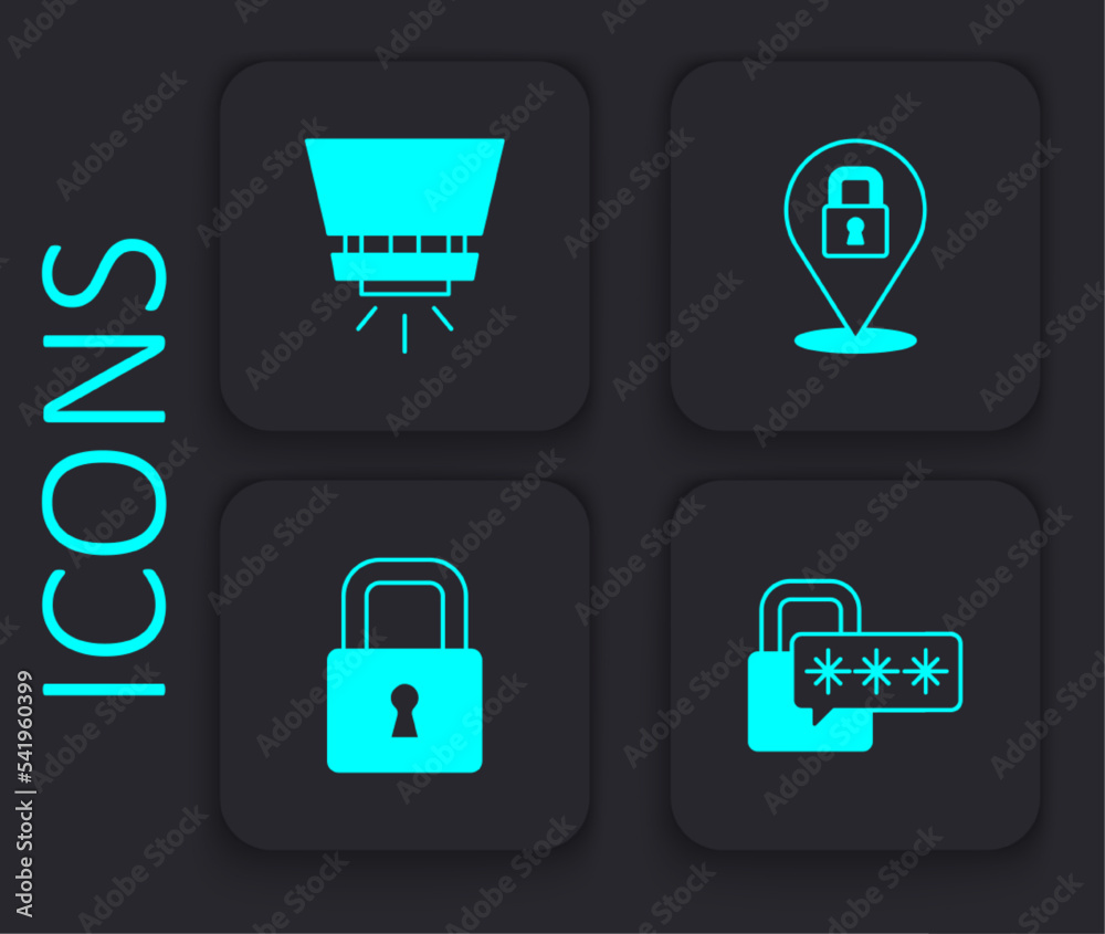 Set Cyber security, Fire sprinkler system, Lock and icon. Black square button. Vector Set Cyber security, Fire sprinkler system, Lock and icon. Black square button. Vector