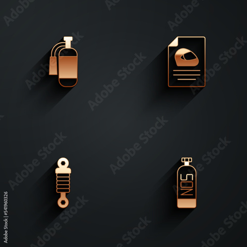 Set Fire extinguisher, Racing helmet, Shock absorber and Nitrous oxide icon with long shadow. Vector