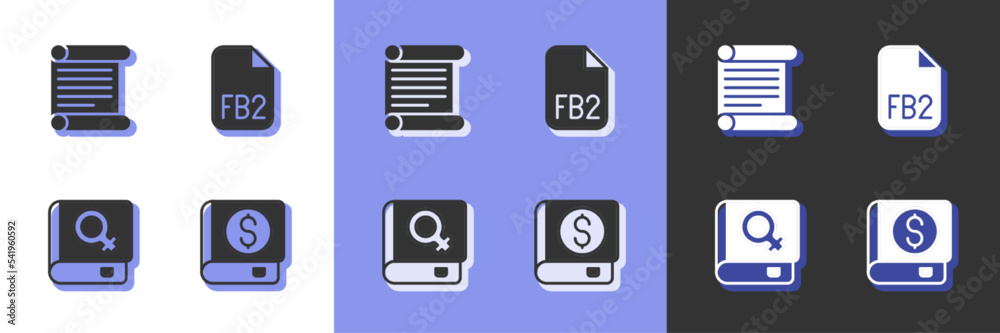 Set Financial book, Decree, parchment, scroll, Book about women and FB2 File icon. Vector Set Financial book, Decree, parchment, scroll, Book about women and FB2 File icon. Vector