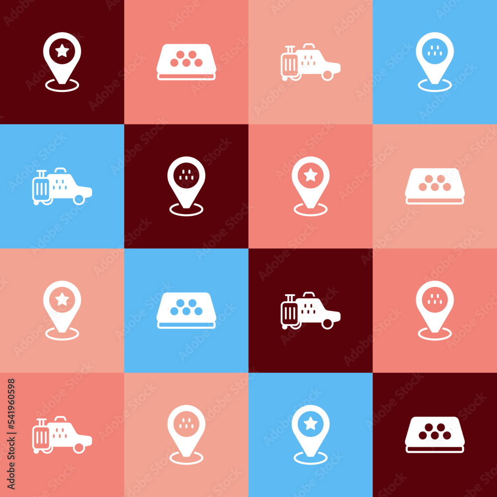 Set pop art Location with star, Taxi car roof, and taxi icon. Vector Set pop art Location with star, Taxi car roof, and taxi icon. Vector