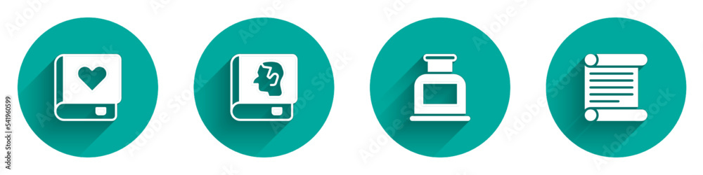 Set Romance book, Law, Inkwell and Decree, parchment, scroll icon with long shadow. Vector Set Romance book, Law, Inkwell and Decree, parchment, scroll icon with long shadow. Vector