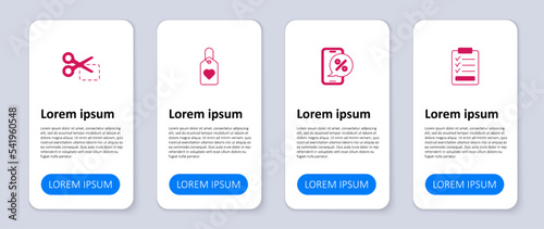 Set Clipboard with checklist, Percent discount on phone, Heart tag and Scissors cuts coupon. Business infographic template. Vector