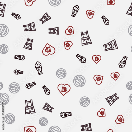 Set line Glass of beer, Lederhosen, Sausage and Heart with glass on seamless pattern. Vector