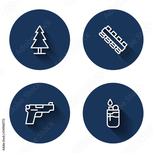 Set line Tree, Hunting cartridge belt, Pistol or gun and Lighter with long shadow. Blue circle button. Vector