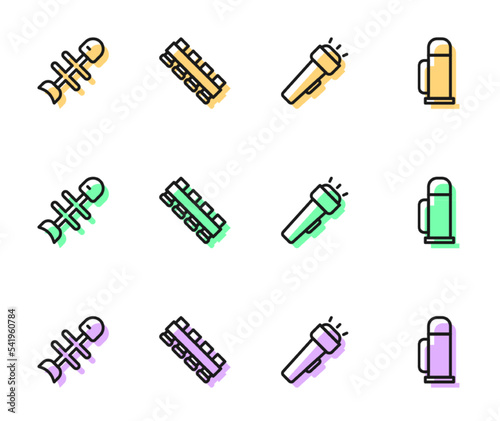 Set line Flashlight, Dead fish, Hunting cartridge belt and Thermos container icon. Vector