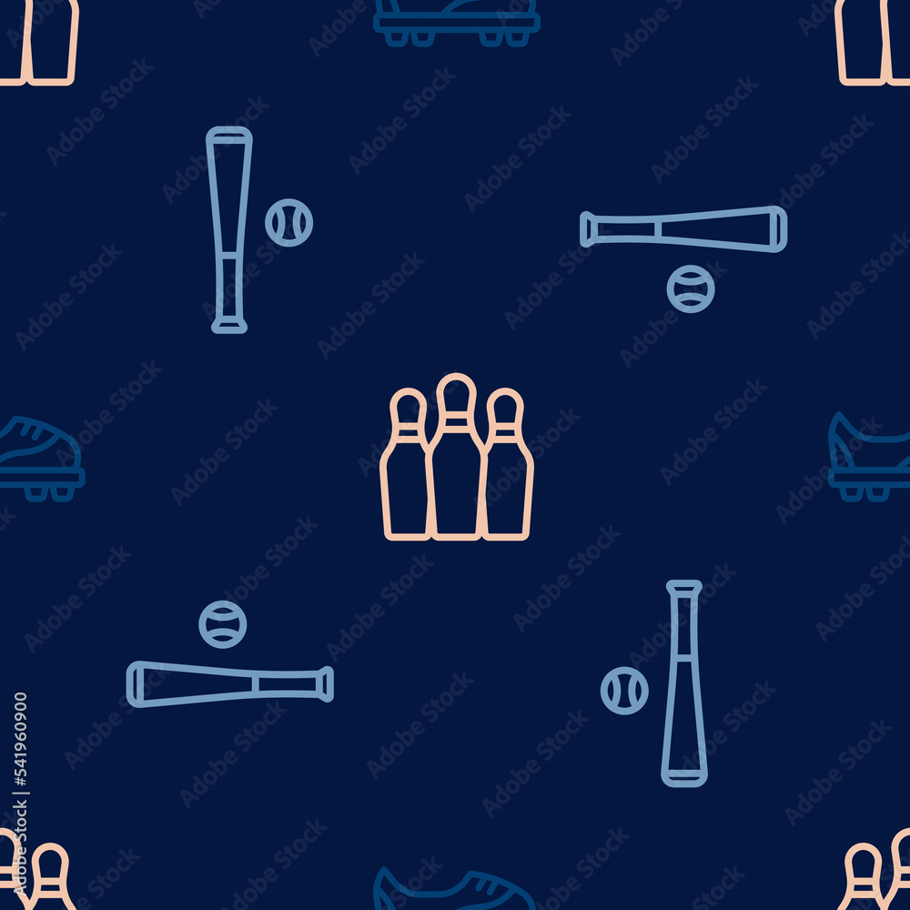 Set line Football shoes, Baseball bat with and Bowling pin on seamless pattern. Vector Set line Football shoes, Baseball bat with and Bowling pin on seamless pattern. Vector