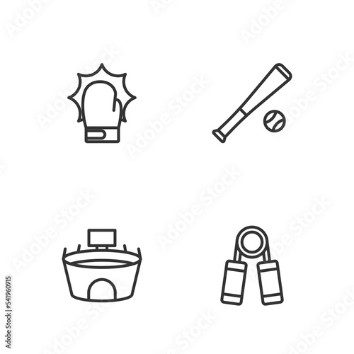 Set line Sport expander, Stadium, Punch in boxing gloves and Baseball bat with ball icon. Vector