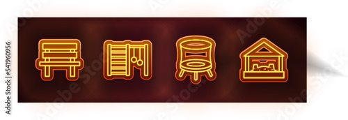 Set line Bench, Swedish wall, Jumping trampoline and Sandbox with sand. Glowing neon icon. Vector