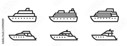 cruise ship and yacht line icon set. sea travel, vacation and cruise symbols