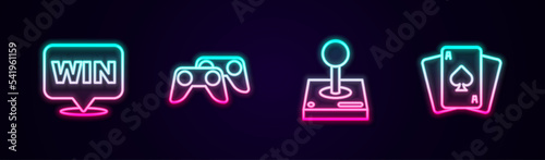 Set line Medal, Game controller or joystick, Joystick for arcade machine and Playing cards. Glowing neon icon. Vector