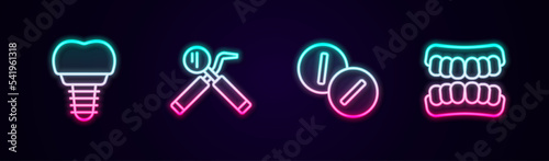 Set line Dental implant, mirror and probe, Toothache painkiller tablet and Dentures model. Glowing neon icon. Vector