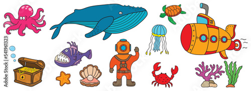 Deep ocean diver with set of marine things and sea animals and are isolated on white background. The wonderful life underwater deep sea creatures. Cute, funny Octopus, whale, jellyfish, and sea turtle