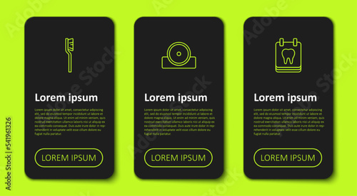 Set line Toothbrush, Otolaryngological head reflector and Calendar with tooth. Business infographic template. Vector