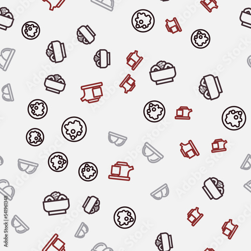 Set line Rice in a bowl, Chow mein on plate, Sushi and Traditional tea ceremony on seamless pattern. Vector