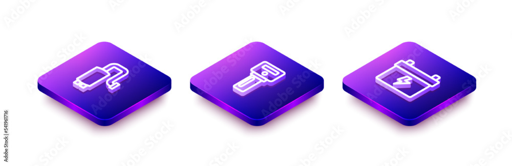 Set Isometric line Car muffler, key with remote and battery icon. Vector Set Isometric line Car muffler, key with remote and battery icon. Vector