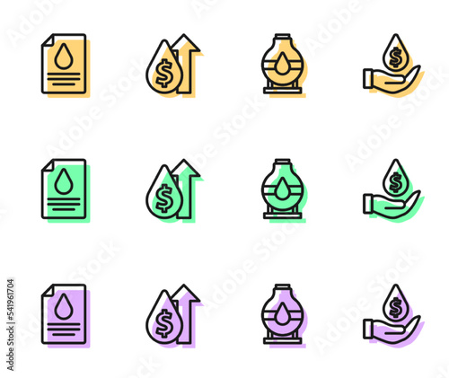 Set line Oil tank storage, Contract money and pen, price increase and drop with dollar symbol icon. Vector © Iryna