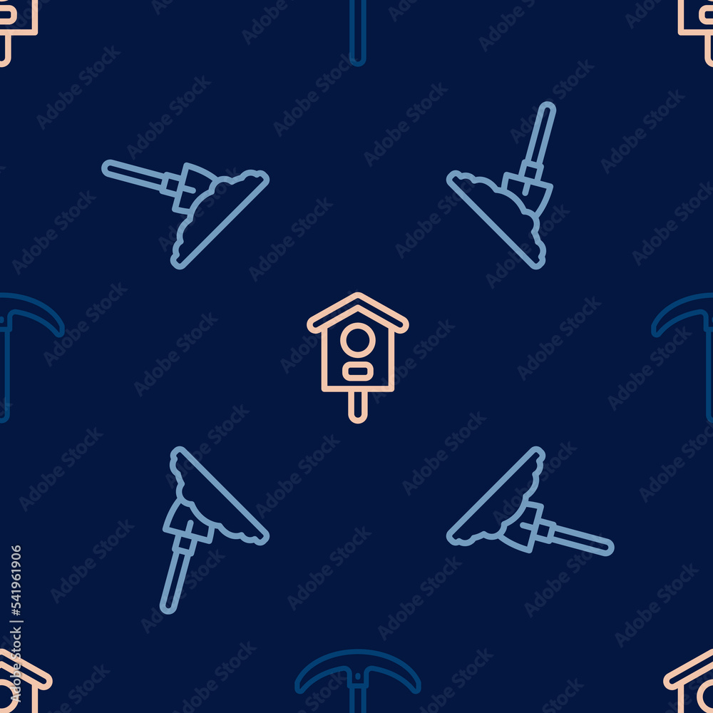 Set line Pickaxe, Shovel in the ground and Bird house on seamless pattern. Vector Set line Pickaxe, Shovel in the ground and Bird house on seamless pattern. Vector