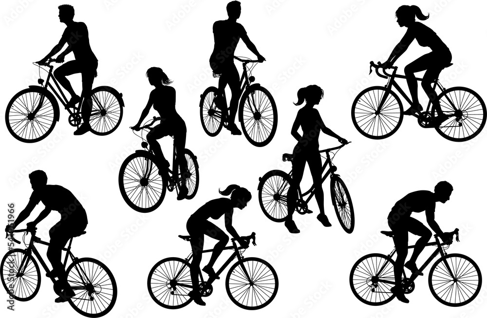 Obraz premium Bicycle Riding Bike Cyclists Silhouettes Set