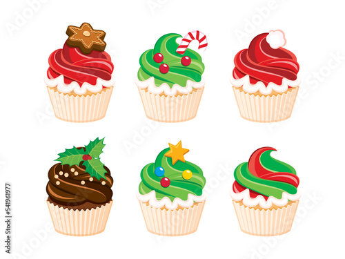 Christmas cupcakes icon set vector. Christmas red and green cream cupcake icons vector isolated on a white background. Christmas baking drawing
