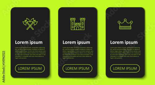 Set line Crossed medieval axes, Castle and King crown. Business infographic template. Vector