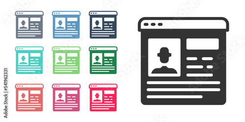 Black Resume icon isolated on white background. CV application. Searching professional staff. Analyzing personnel resume. Set icons colorful. Vector