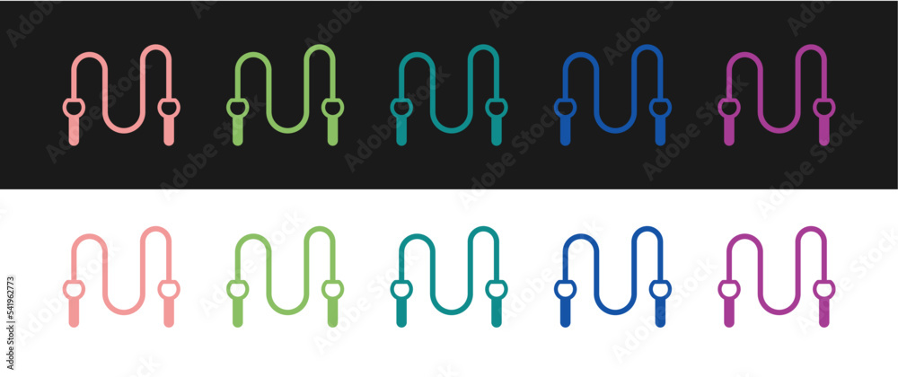 Set Jump rope icon isolated on black and white background. Skipping rope. Sport equipment. Vector