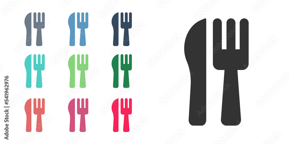 Black Crossed knife and fork icon isolated on white background. Cutlery symbol. Set icons colorful. Vector Black Crossed knife and fork icon isolated on white background. Cutlery symbol. Set icons colorful. Vector