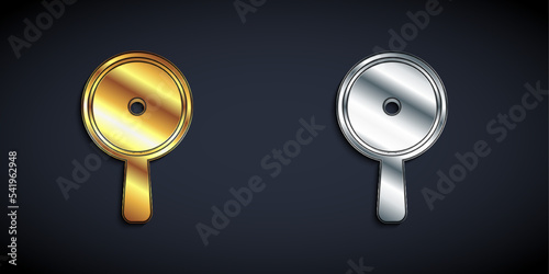 Gold and silver Frying pan icon isolated on black background. Fry or roast food symbol. Long shadow style. Vector