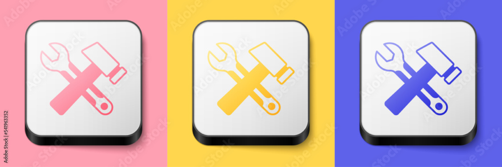 Isometric Crossed hammer and wrench spanner icon isolated on pink, yellow and blue background. Hardware tools. Square button. Vector Isometric Crossed hammer and wrench spanner icon isolated on pink, yellow and blue background. Hardware tools. Square button. Vector