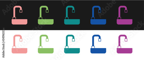 Set Washbasin with water tap icon isolated on black and white background. Vector