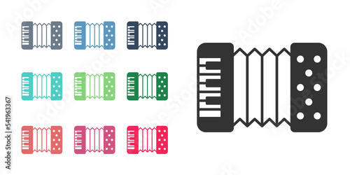 Black Musical instrument accordion icon isolated on white background. Classical bayan, harmonic. Set icons colorful. Vector