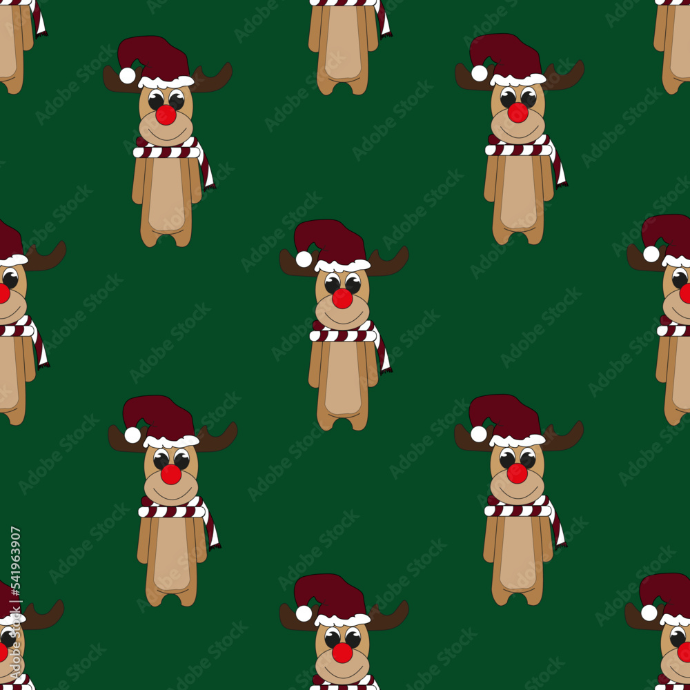 Seamless pattern with reindeer with red nose on green background. Set of christmas elements. Christmas wallpaper. Christmas wrapping paper. 