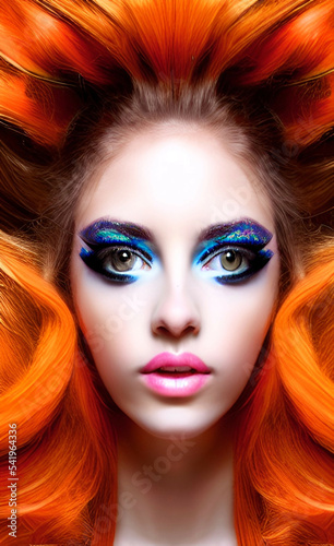 Portrait of a girl with creative makeup and hairstyle. Illustration. Created with the help of artificial intelligence