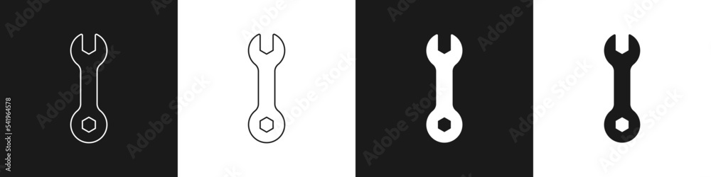 Set Wrench spanner icon isolated on black and white background. Spanner repair tool. Service tool symbol. Vector Set Wrench spanner icon isolated on black and white background. Spanner repair tool. Service tool symbol. Vector