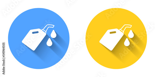 White Canister for motor machine oil icon isolated with long shadow background. Oil gallon. Oil change service and repair. Circle button. Vector
