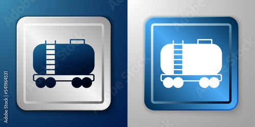 White Oil railway cistern icon isolated on blue and grey background. Train oil tank on railway car. Rail freight. Oil industry. Silver and blue square button. Vector