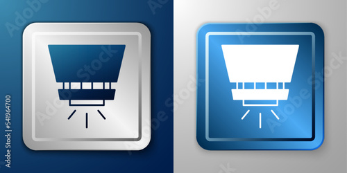 White Fire sprinkler system icon isolated on blue and grey background. Sprinkler, fire extinguisher solid icon. Silver and blue square button. Vector