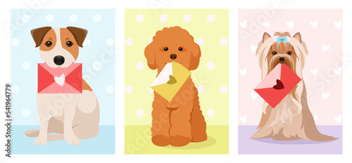 A set of postcards with funny dogs with envelopes in their teeth. Cartoon design.