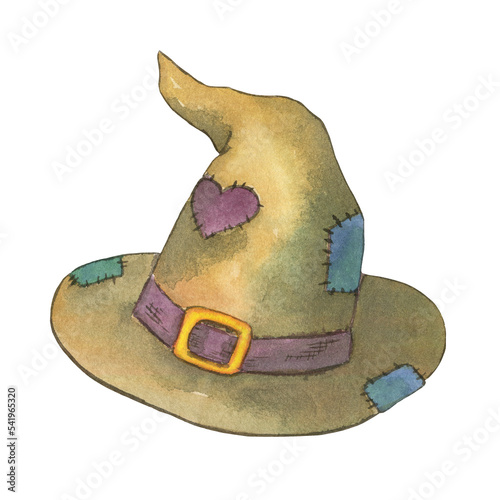 Old sorcerer is hat, witches, patches on the hat, watercolor illustration hand-drawn, isolated on a white background