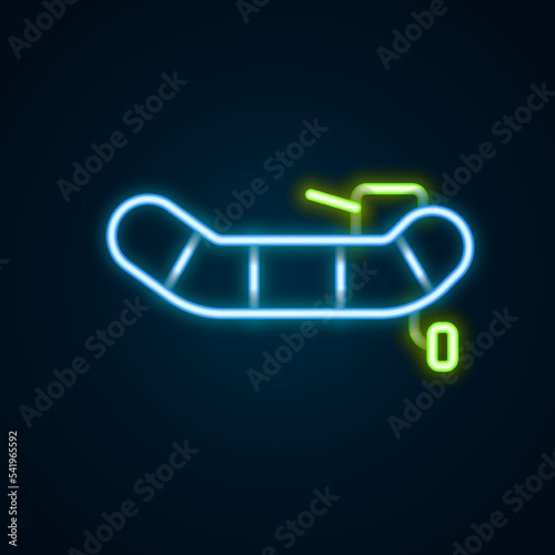 Glowing neon line Inflatable boat with outboard motor icon isolated on black background. Colorful outline concept. Vector
