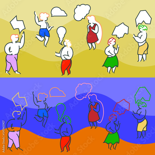 A set of people communicating with each other with conversational bubbles, they are walking standing on a colored background. Flat vector illustration