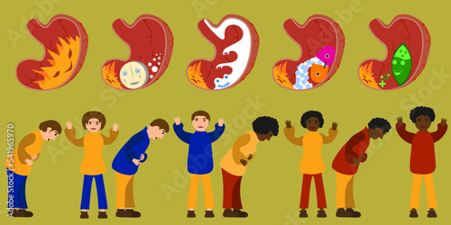 A set of medicines for diseases of the stomach inside it has a healing effect. people are writhing in pain in the stomach. Flat vector illustration