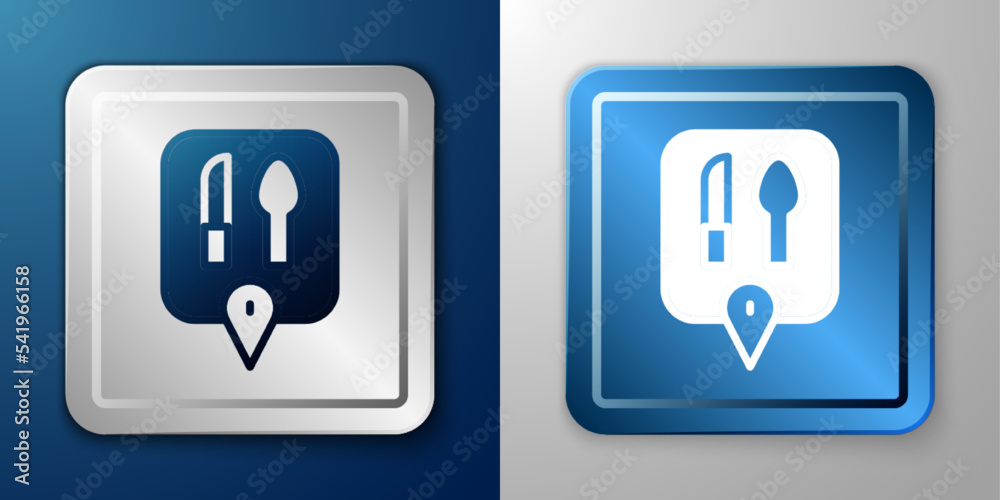 White Cafe and restaurant location icon isolated on blue and grey background. Knife and spoon eatery sign inside pinpoint. Silver and blue square button. Vector. White Cafe and restaurant location icon isolated on blue and grey background. Knife and spoon eatery sign inside pinpoint. Silver and blue square button. Vector.