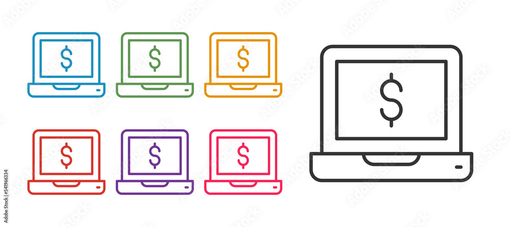 Set line Laptop with dollar icon isolated on white background. Sending money around the world, money transfer, online banking, financial transaction. Set icons colorful. Vector Set line Laptop with dollar icon isolated on white background. Sending money around the world, money transfer, online banking, financial transaction. Set icons colorful. Vector