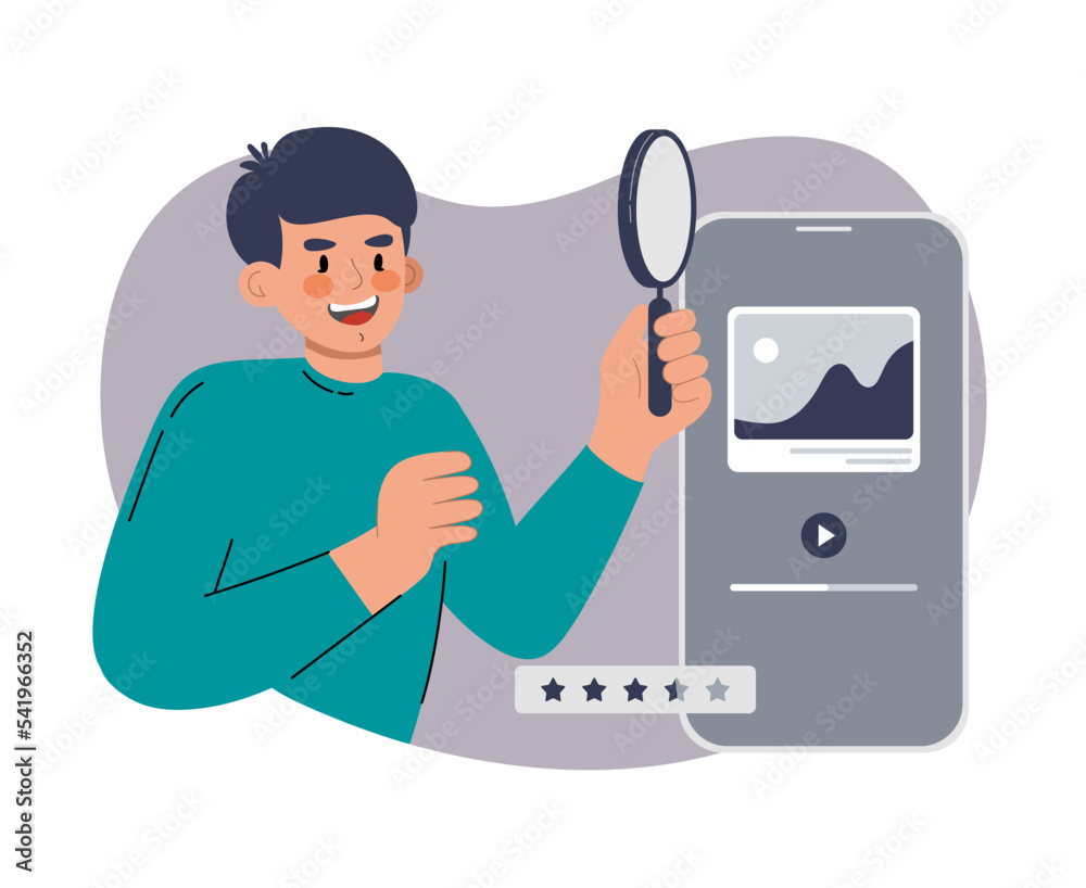 Man magnifying glass. Ui ux designer arrangement interface elements of the application and sites.  Vector illustration flat style