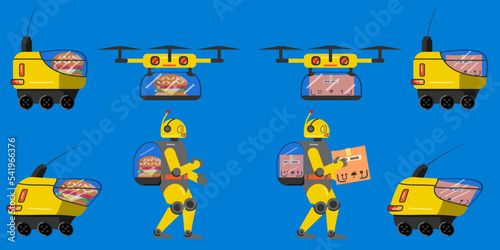 Set of cartoon delivery robots and gyrocopters, food and parcel delivery. flatvector illustration