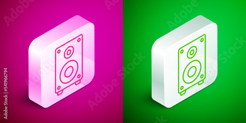 Isometric line Stereo speaker icon isolated on pink and green background. Sound system speakers. Music icon. Musical column speaker bass equipment. Silver square button. Vector